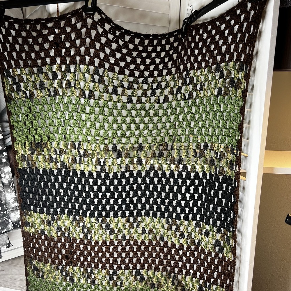 Vintage Camouflage Handmade Crochet Knit Afghan Throw Blanket Approx. 64" X 28"‎